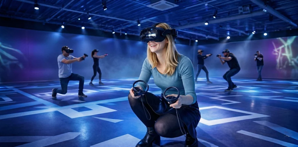 Spielerin mit VR-Headset bei GenZone Virtual Reality in St. Gallen
